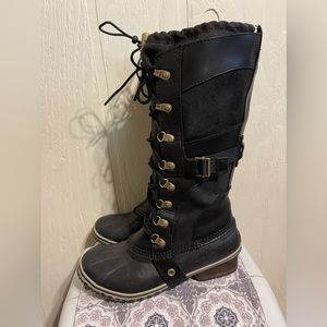 Sorel Conquest Carly Black Tall Snow Boots Waterproof Women's Size 8